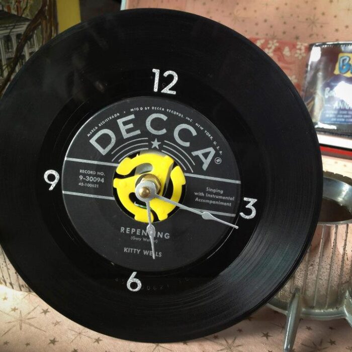 "Repenting" Vintage 45 Record Clock, Kitty Wells Decca Records, handcrafted by The Salvage Emporium.