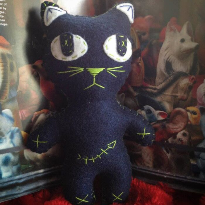 Voodoo Cat Pin Cushion, Navy with bright green embroidery, handcrafted by The Salvage Emporium